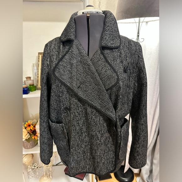 Lucky Brand Wool Blend Pea Coat Black Gray Double-Breasted Button-Up Jacket Sz M - Picture 4 of 15
